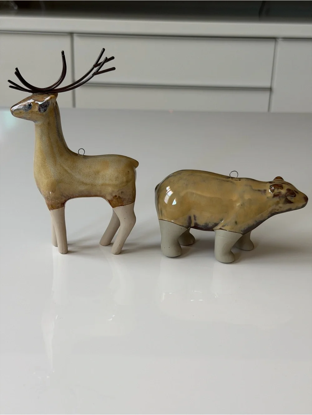 Ceramic Deer and Bear Figurine Set in Glazed Beige Rustic Woodland
